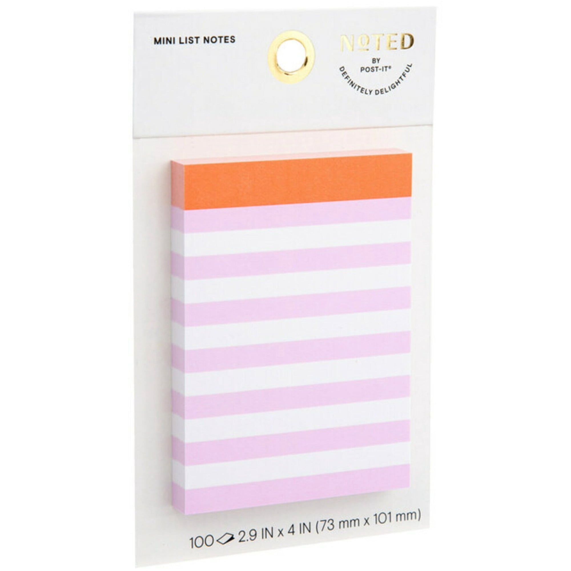 Noted by Post-it Mini List Notes, 2.9" x 4", 100 Sheets, Pink, Orange & White Striped Design