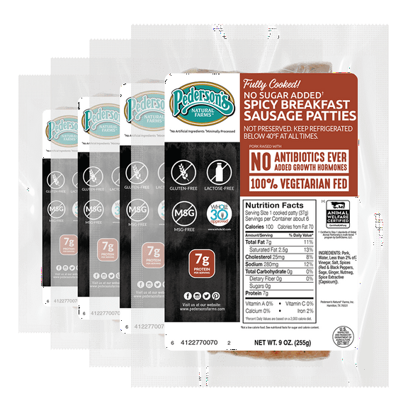 Pedersons Farms, Fully Cooked Spicy Breakfast Sausage Patties (4 Pack)