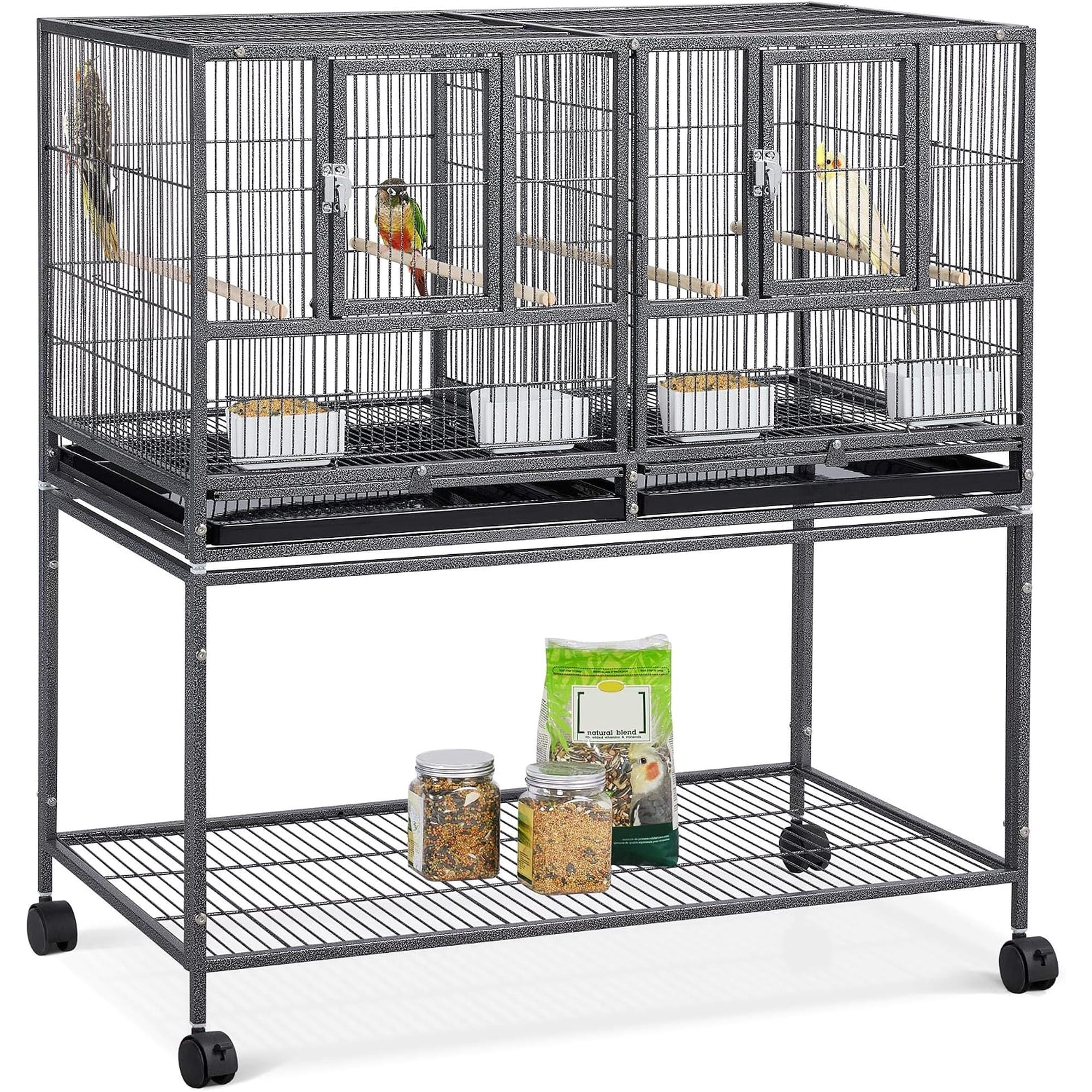 41.5" Stackable Divided Breeder Bird Cage for Canaries Cockatiels Lovebirds Finches Budgies Small Parrots with Rolling Stand, Black