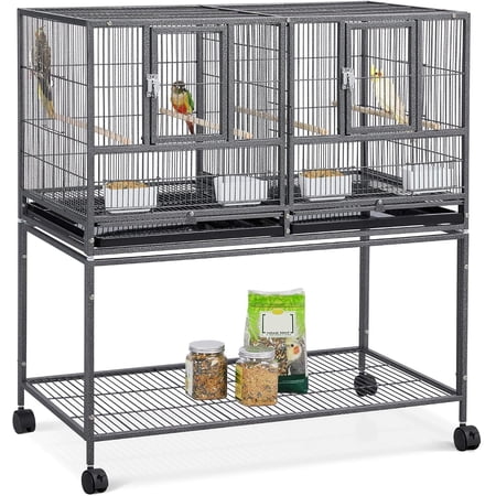41.5" Stackable Divided Breeder Bird Cage for Canaries Cockatiels Lovebirds Finches Budgies Small Parrots with Rolling Stand, Black