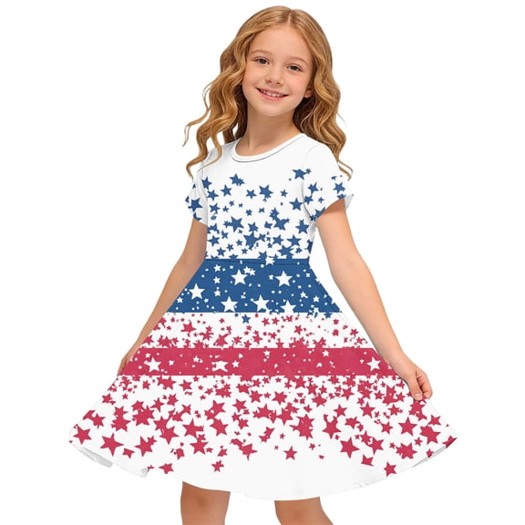 SGFCWSX Girls Patriotic Star Print Dress Short Sleeve Round Neck A-Line Flowy 4th of July Casual Sundress Multicolor Size 7 Years