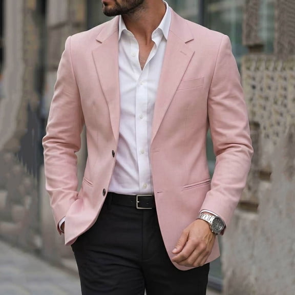 LEKWK Mens Suit Jacket Slim Fit Notched Lapel Two Button Blazer Lightweight Long Sleeve Fall Coat for Business Casual Wedding Party Pink S