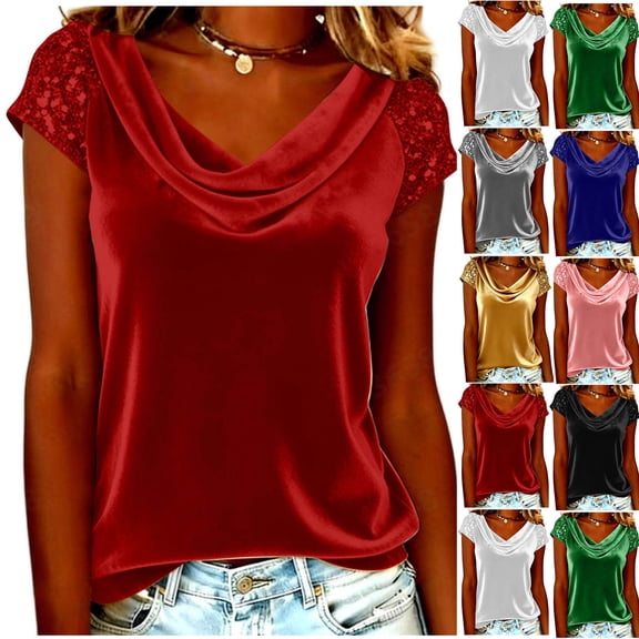 Bixock Women's Short Sleeve Blouse,Crew Neck Satin Face Tops,Solid Color Slouchy Collar Ruched Sequin Spliced Cuffs Pullover T-shirts
