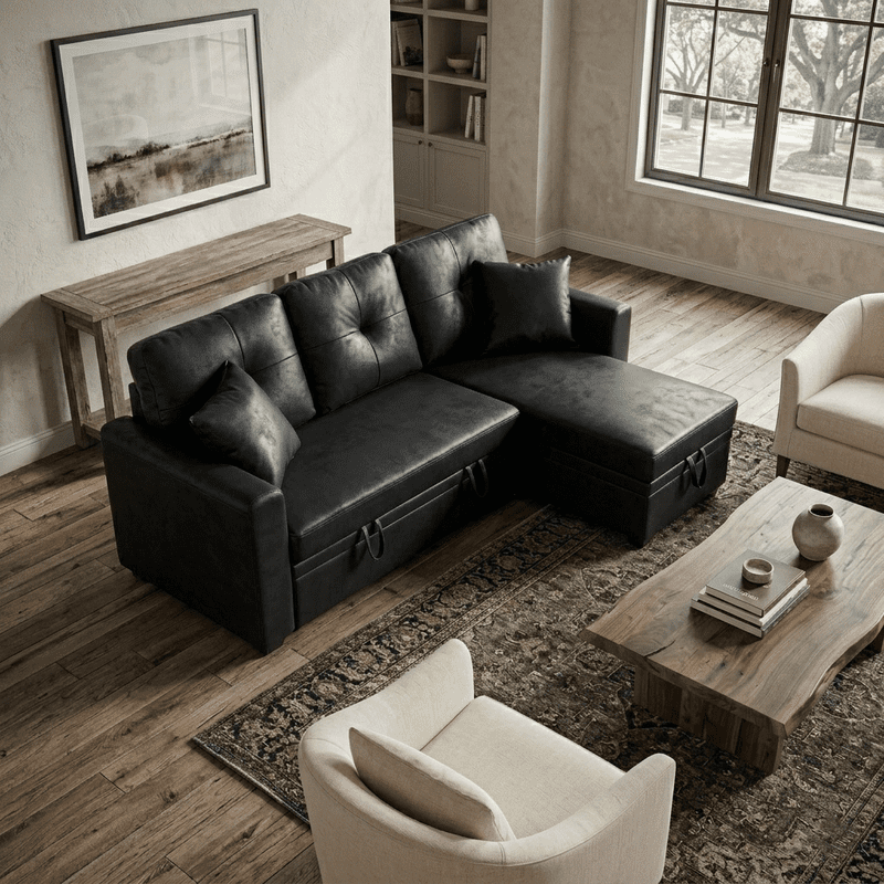 Sleeper Sofa Sectional with Pull-Out Bed – Reversible Chaise + Hidden Storage, Breathable Fabric, L-Shaped Couch for Small Spaces, Convertible Sofa Bed for Living Room