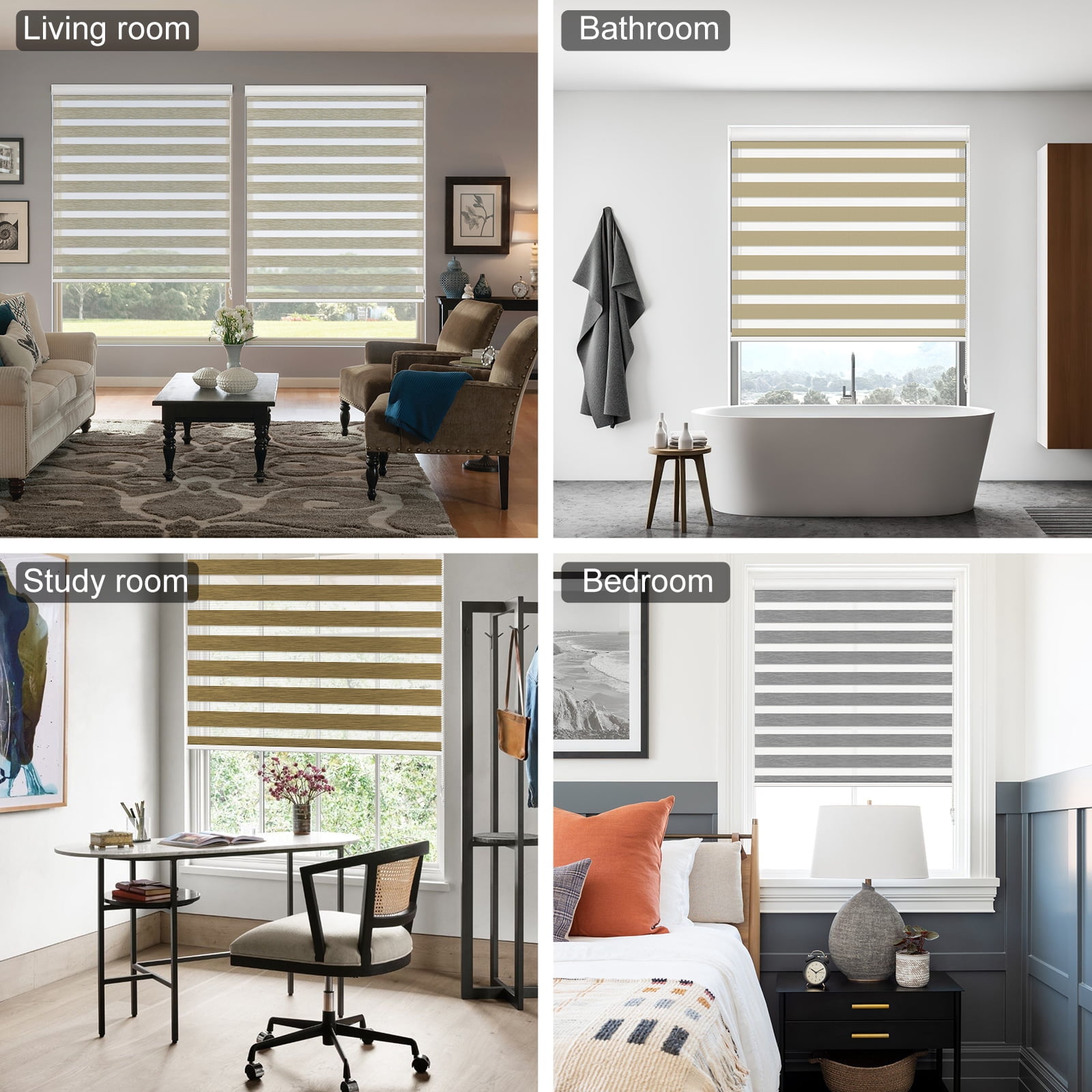 Keego No Drilling Zebra Window Shades Modern Design Roller Shade w/ Dual Layers Light Filtering White Valance Blinds for Home Office Bathroom White Fabric 52.5"w x 44.0"h