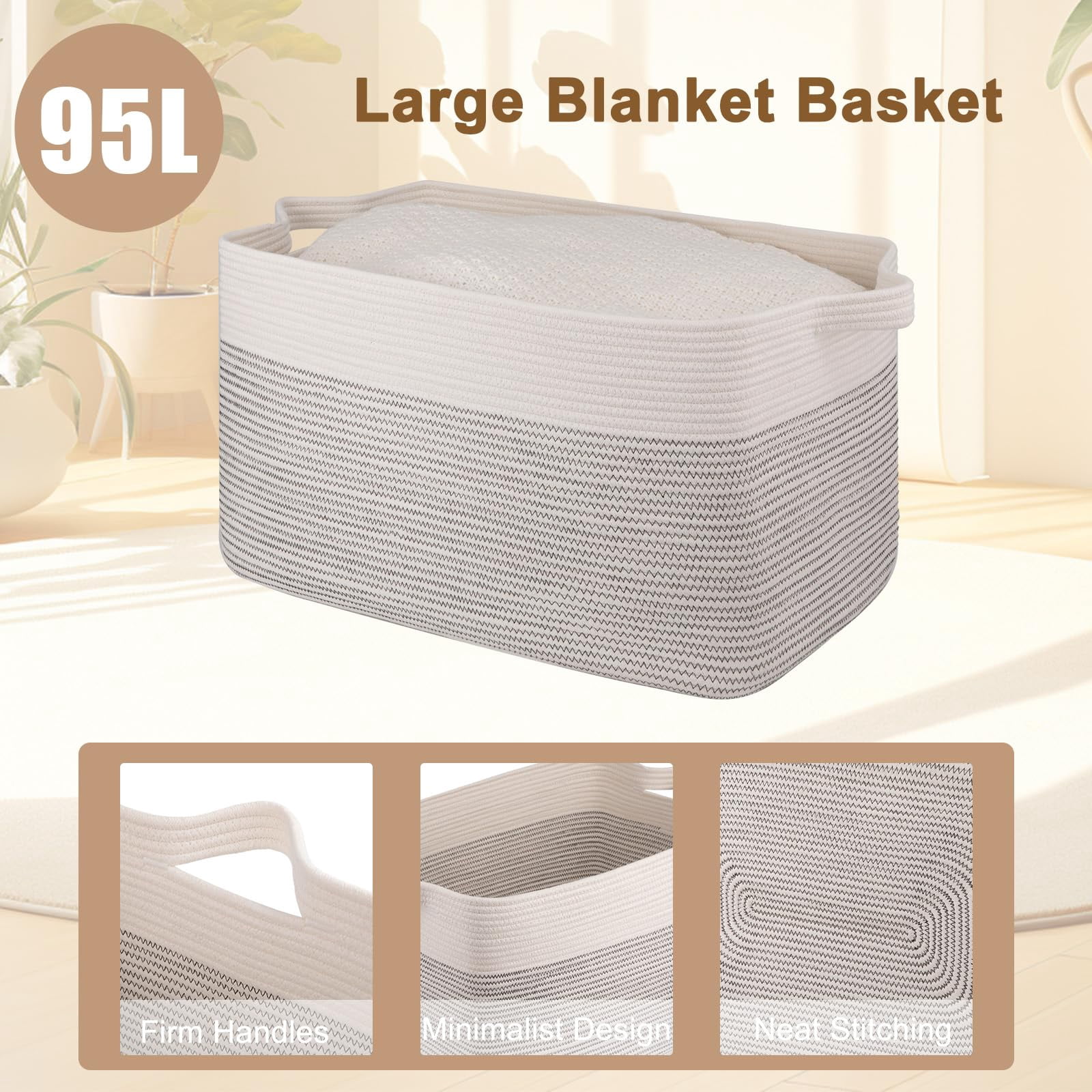 Extra Large Blanket Basket, 95L Woven Storage Basket, Cotton Rope Toy Bin for Baby Room, Container for Storage in Living Room, 24''×17''×14'', Black & White