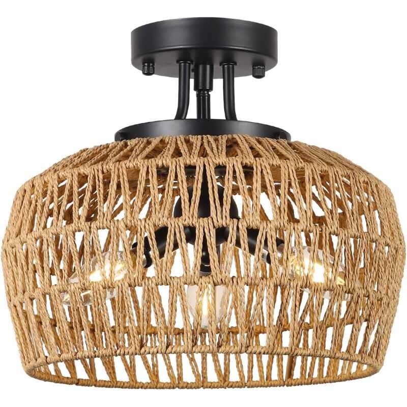 Semi Flush Light, Rattan Fixture Mount with Handmade Wicker Lampshade, 3-Lights Boho Chandelier, Woven Close to Ceiling Light for Bedroom Hallway Living Room Kitchen