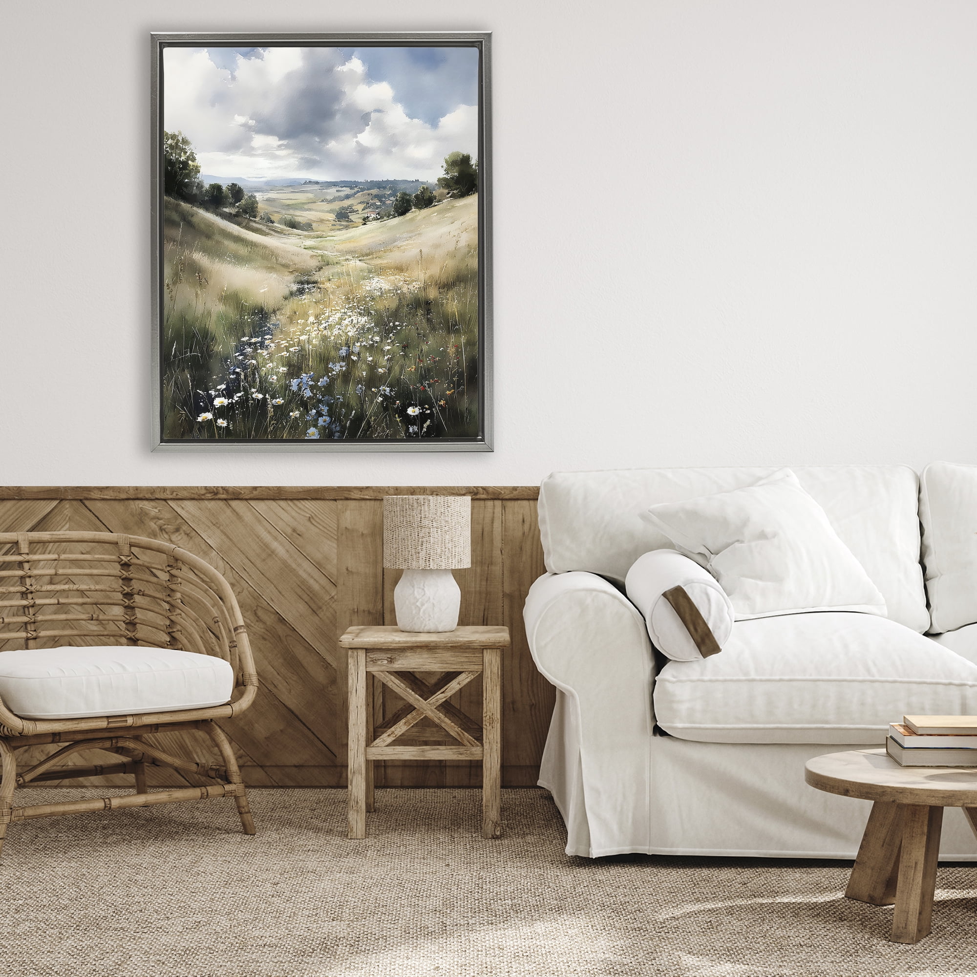 Stupell Industries Floral Valley of Wild Daisies Gray Framed Floater Canvas Wall Art, design by Franklyn Gregory