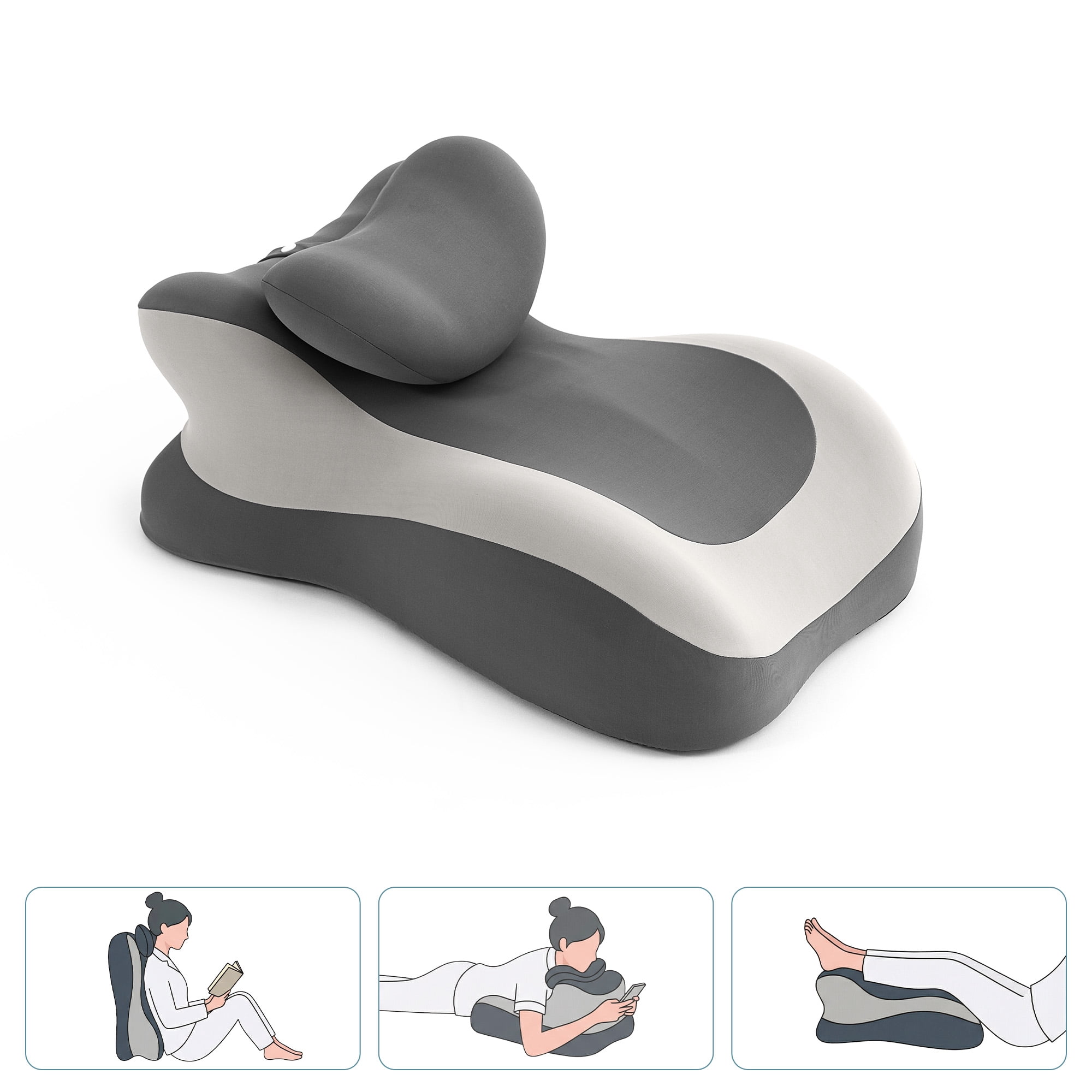 SLEEP ZONE Memory Foam Reading Pillow, Multi-Position Support Bed Pillow for Petite Adults, Reading Tools, Fun Couple Pillows Prone Back and Knee Support Leg Elevation with Washable Cover, Gray