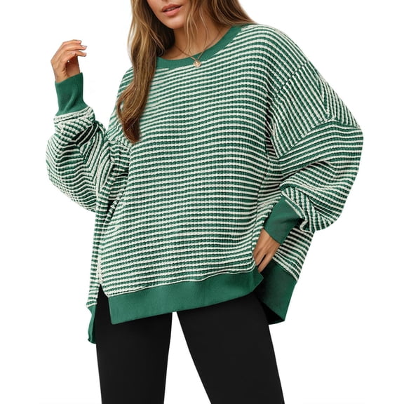 Women's Fall Oversized Sweatshirt Casual Waffle Knit Long Sleeve Crewneck Split Pullover Tunic Tops Army Green M