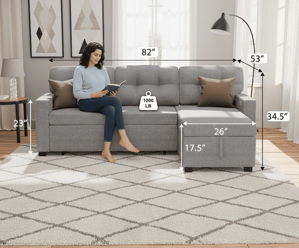 Howcool 82" Sectional Sofa Bed, L-Shaped Sleeper Pull Out Couch with Storage Chaise & USB Charging Ports, Linen Fabric for Small Apartment Living Room, Light Grey(Thick Sponge)