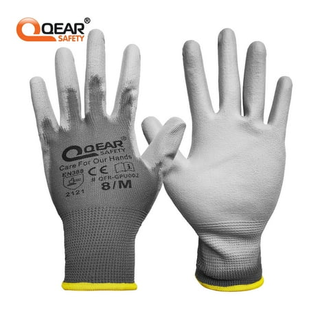 

12 pairs Pack QEAR Thin PU Palm Coated Work Safety Gloves LightWeight Breathable General Purpose Work Small