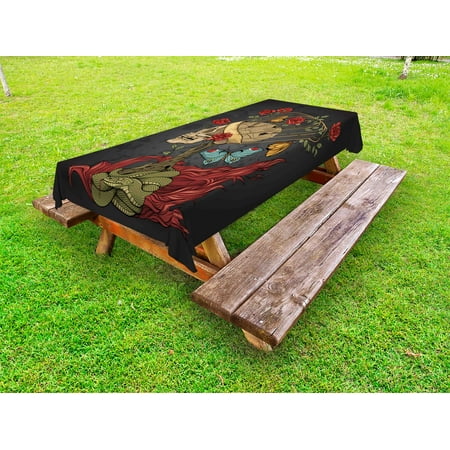 Mexican Bush - Skull Outdoor Tablecloth, Evil Mexican Sugar Skeleton with Kitsch Bush of Roses Snake and Butterfly Artwork, Decorative Washable Fabric Picnic Table Cloth, 58 X 84 Inches,Ruby Dark Grey, by Ambesonne