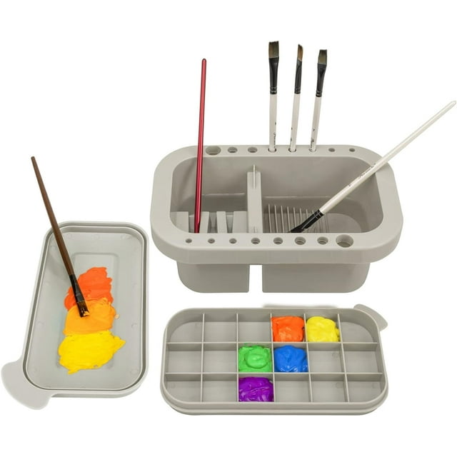 Limpiador de pinceles, soporte para pinceles y organizadores con paleta para pinturas acrílicas, acuarelas y a base de agua (gris)