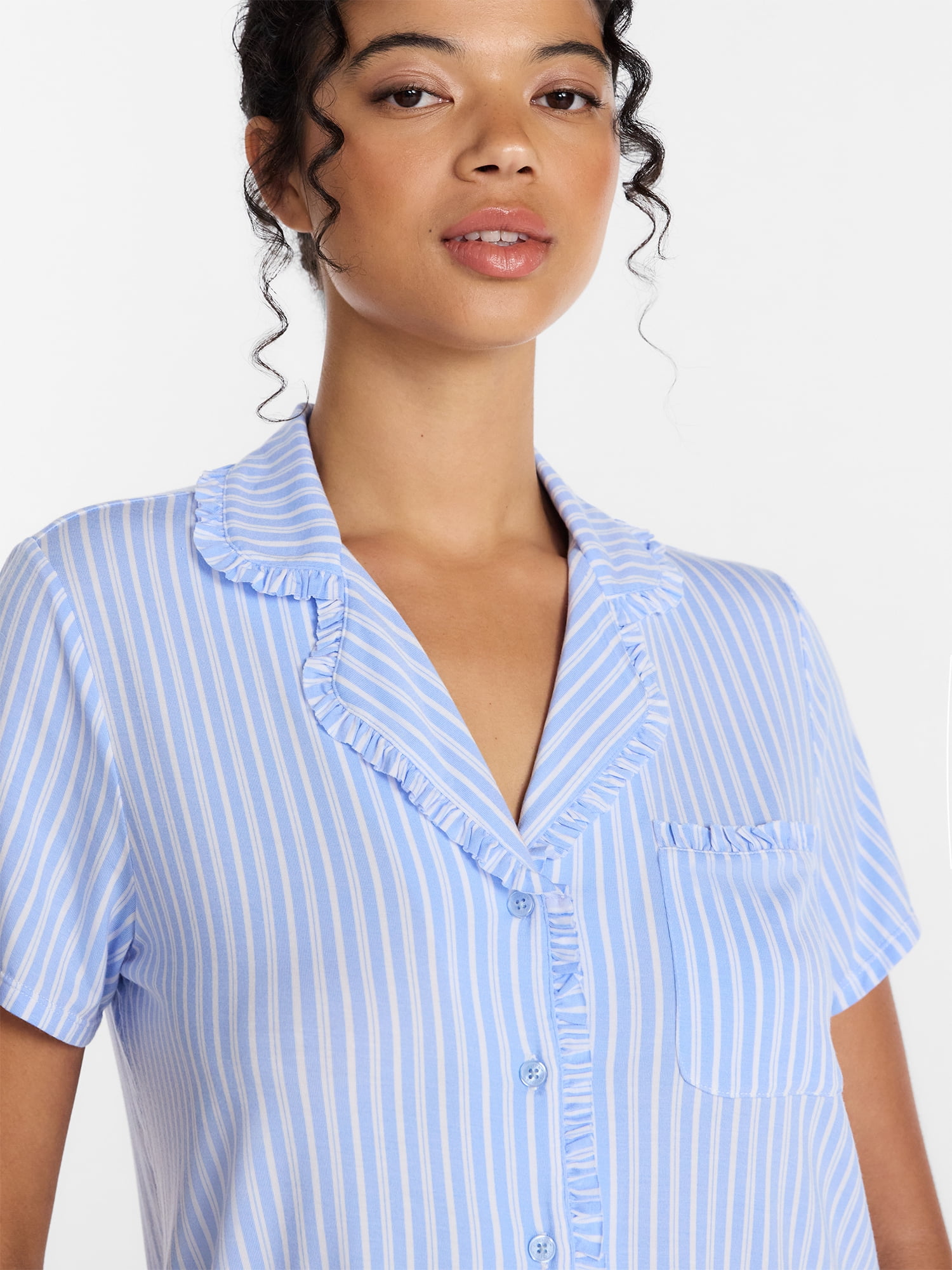 Joyspun Women’s Modal-Blend Ruffle Trim Notch Collar Top and Shorts Pajama Set, 2 Piece, Sizes XS-3X