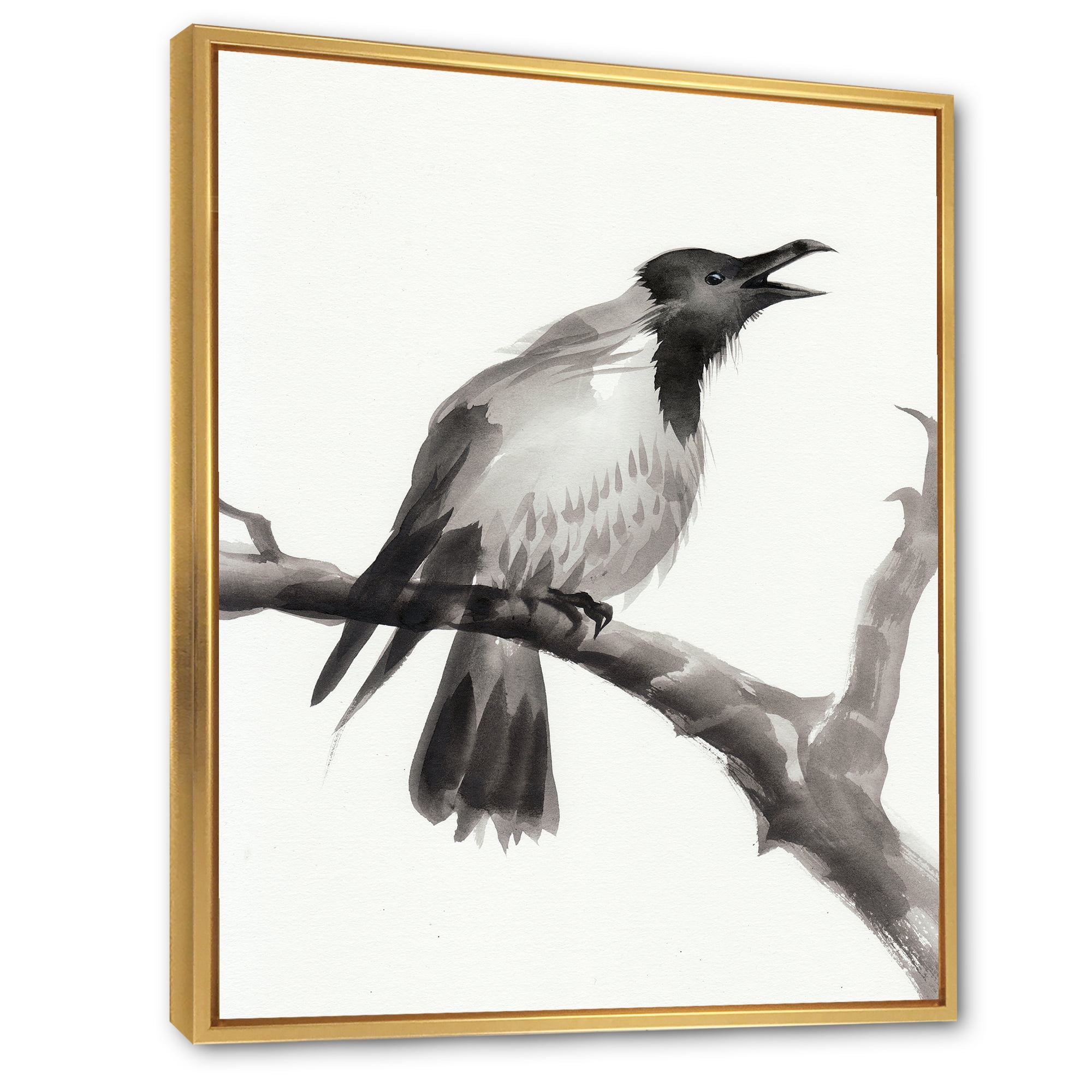 Designart 'Monochrome Crying Crow On A Branch' Traditional Framed Canvas Wall Art Print