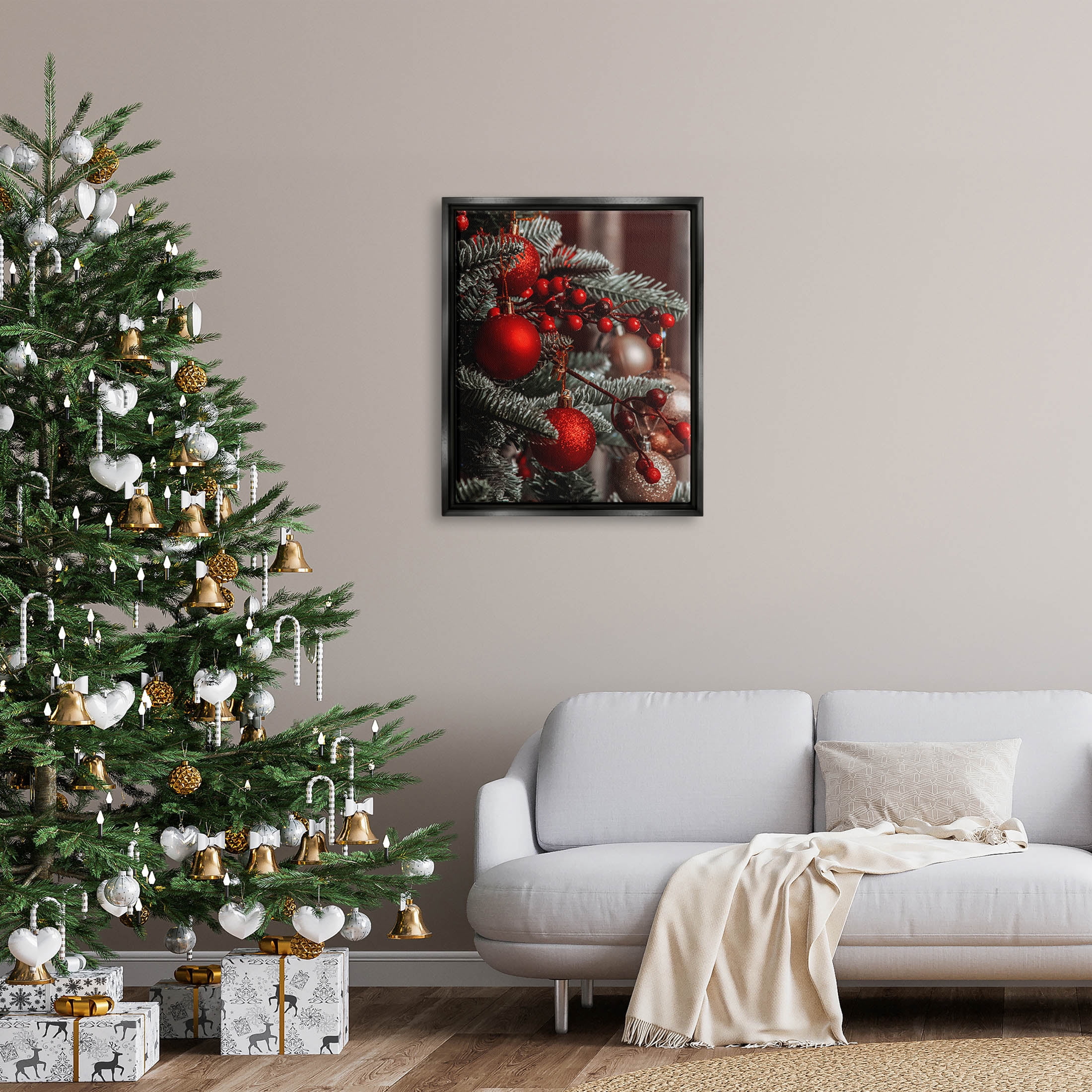 Hanging Red Ornaments Christmas Tree Holiday Photograph Jet Black Framed Art Print Wall Art