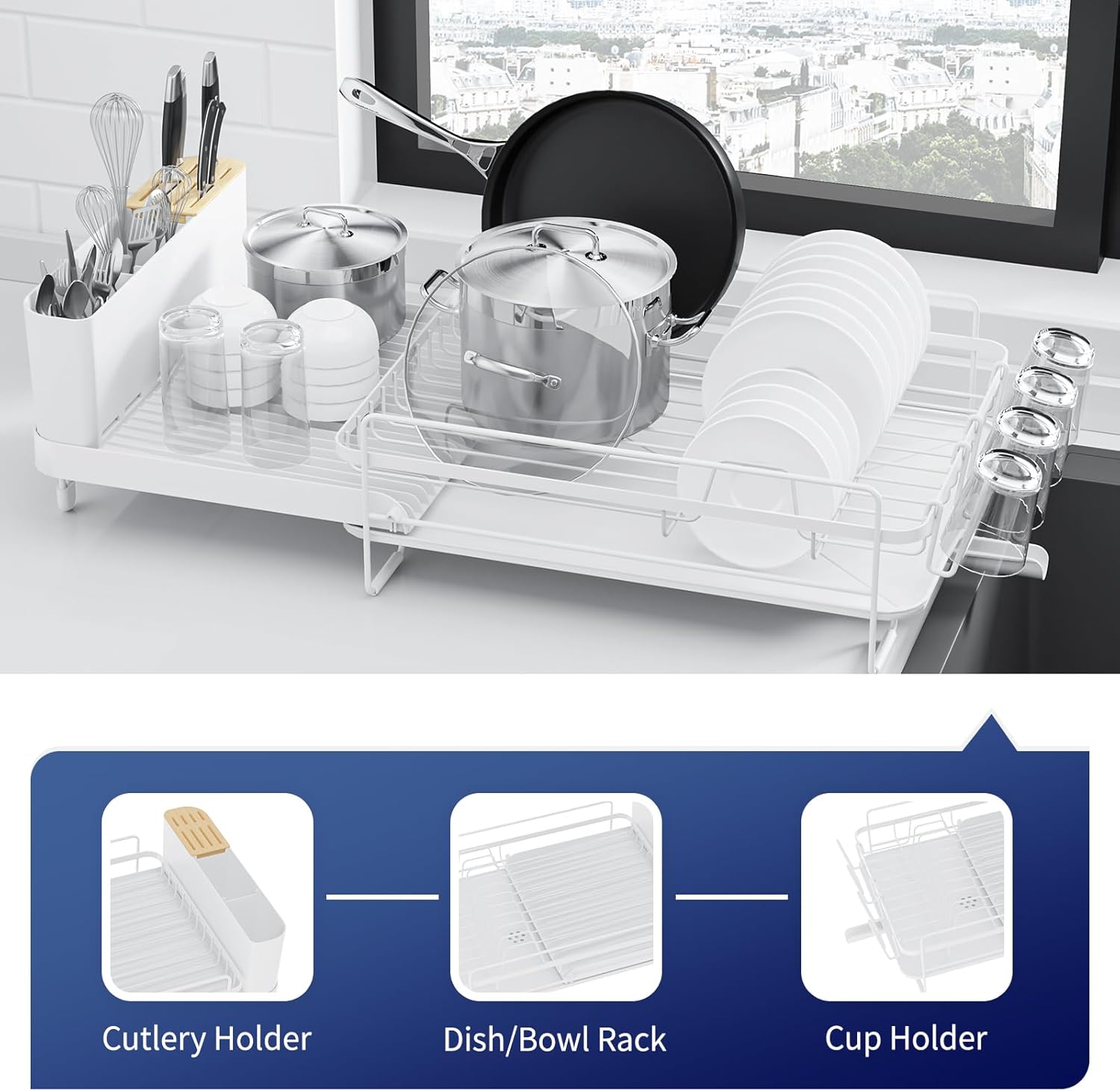 Large Dish Drying Rack - Extendable Dish Rack, Multifunctional Dish Rack for Kitchen Counter, Anti-Rust Dish Drainers with Cutlery & Cup Holders 19.2"-26.7" L x 12.9" W, White