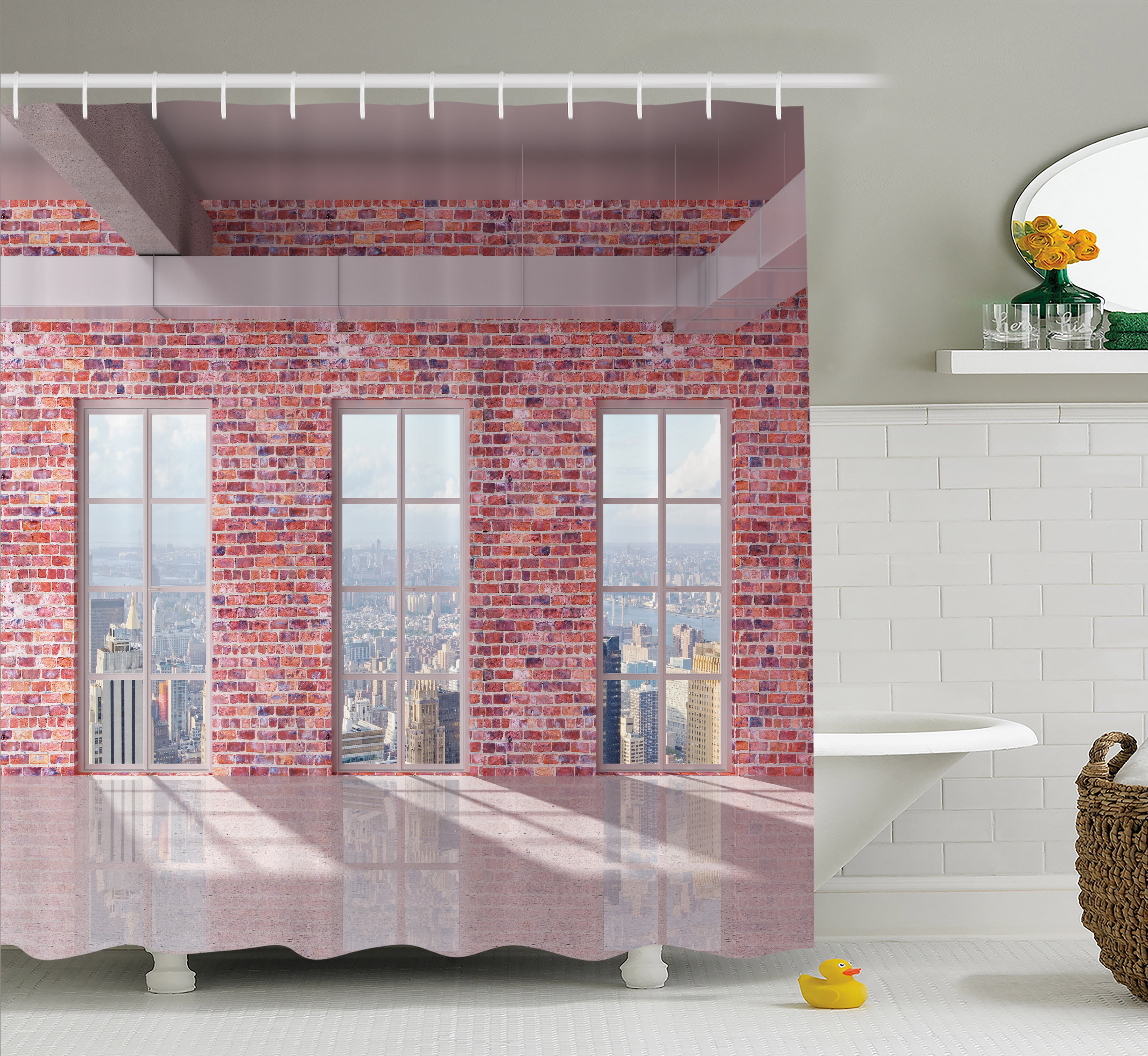 Modern Shower Curtain, Red Brick Wall Loft Interior with Windows to City Urban Contemporary