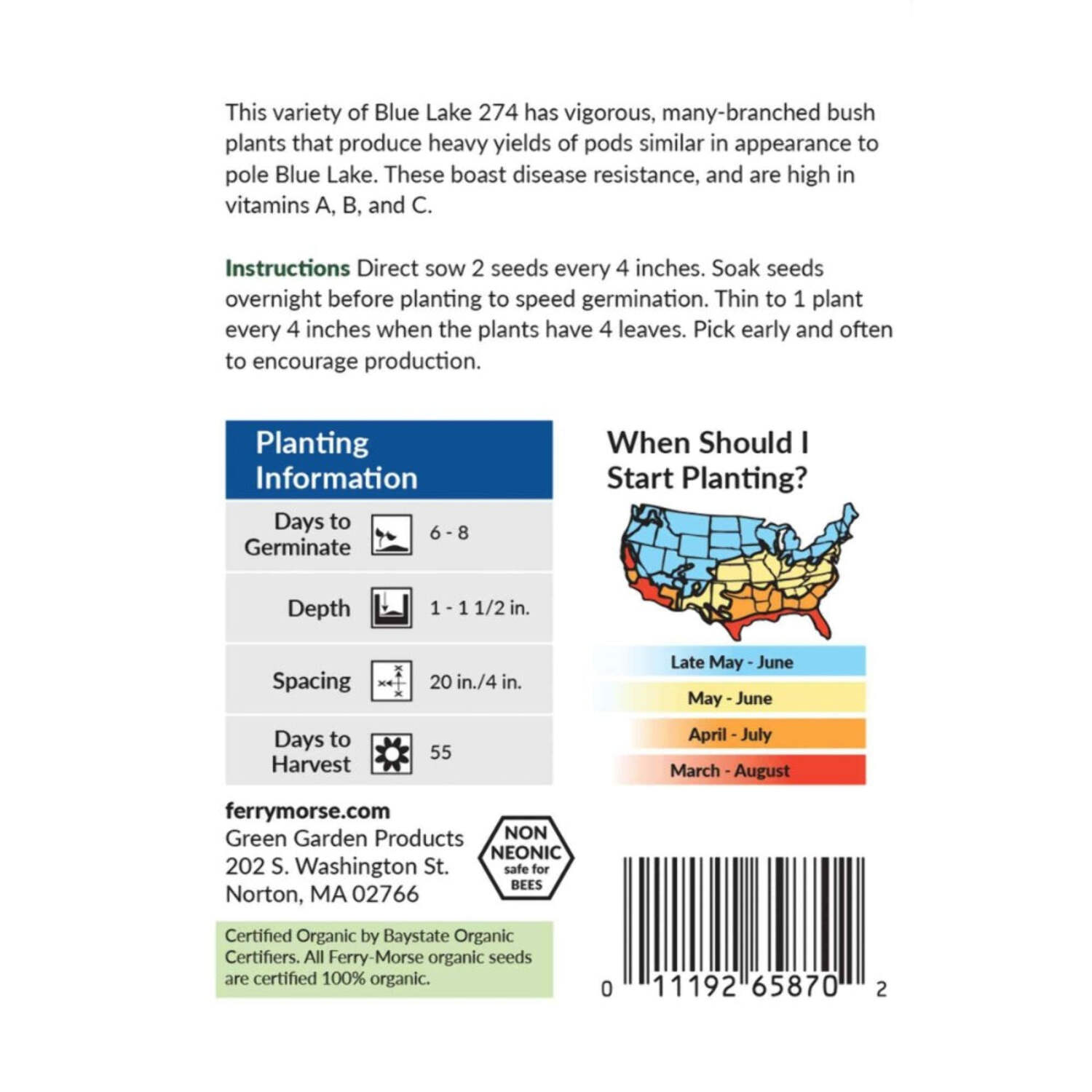 Ferry-Morse Online Edition Bean Blue Lake Bush 274 Organic Seeds - 8 Pack