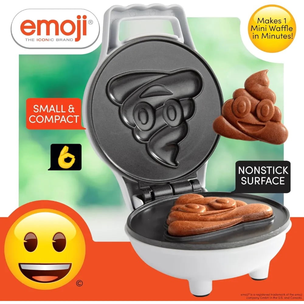 Emoji Poop Mini Waffle Maker- Breakfast Fun for Kids w Cute Smiley Face Design, 4" Waffler Iron Makes Poo Shaped Pancakes or Waffles, Electric Non Stick Appliance w Recipes, Funny Gag Gift