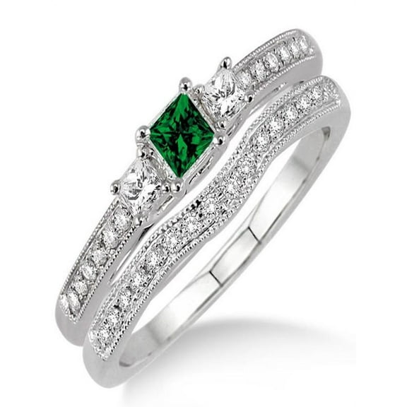 1.5 Carat Princess Cut Green Emerald And Diamond Moissanite Three Stone Bridal Set On 10K White Gold, Promise Ring, Anniversary Gift