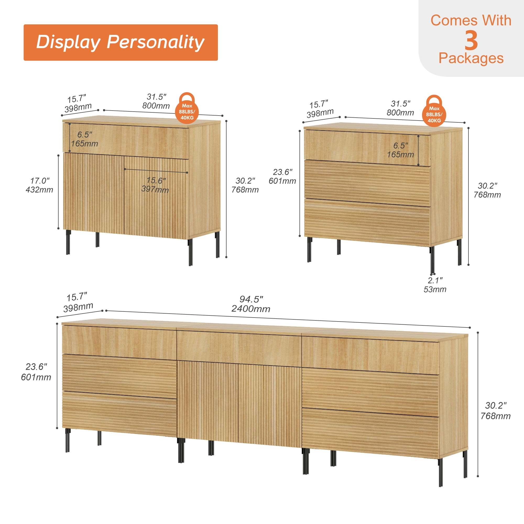 94.5" Reeded Accent Chest Set with Doors and Drawers, Modern Credenza Storage Cabinet with Metal Legs for Living Room, Kitchen, Dining Room, Hallway