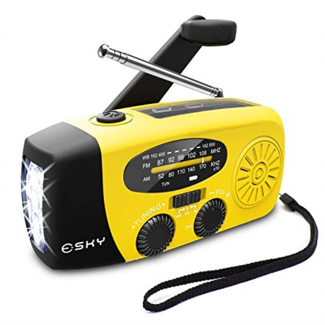 Esky Solar Weather Radios Hand Crank Self Powered Emergency FM/AM/NOAA Radio with LED Flashlight and 1000mAh Yellow 