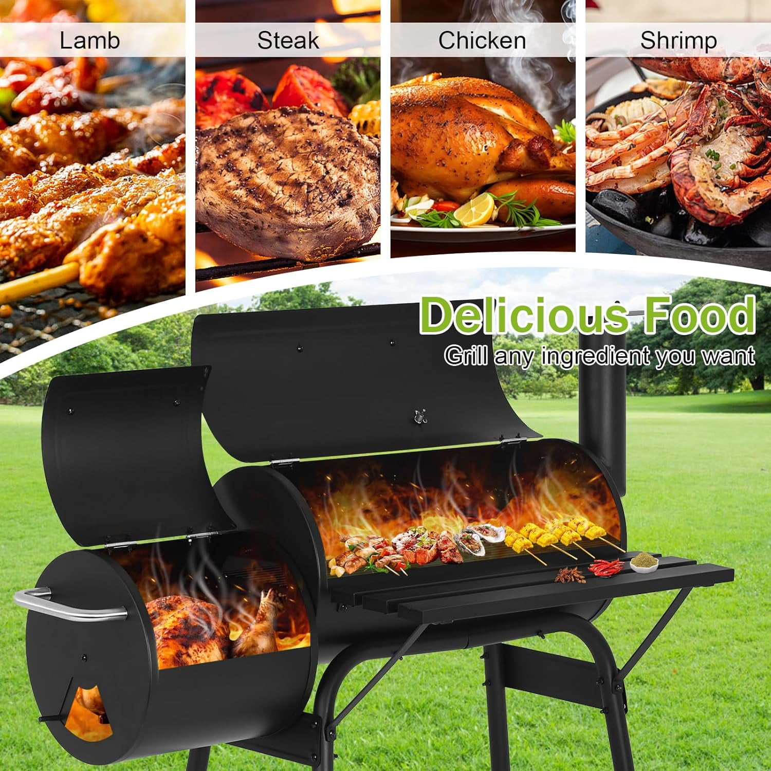 Dkelincs 43" Portable Charcoal Grills with Offset Smoker and Thermometer, Outdoor Barbecue Grill for BBQ Camping Picnic