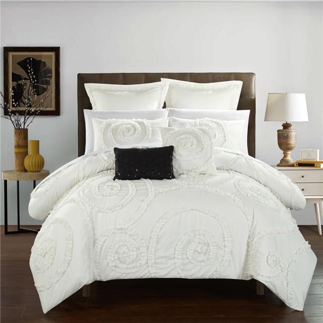 Chic Home CS2243-US Rosa Floral Ruffled Etched Embroidery Comforter Set - White - Queen - 7 Piece