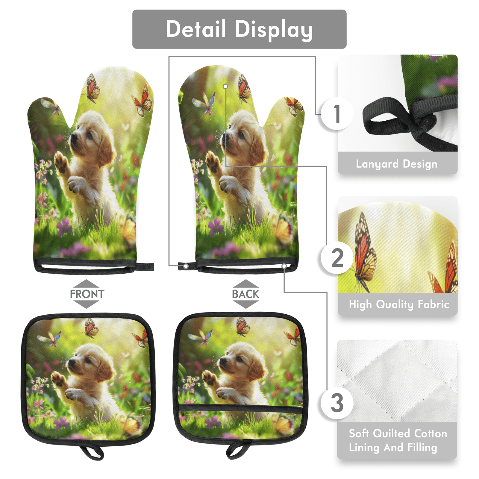 CURLYOOT Cute Dog Jungle Oven Mitts and Pot Holders Sets of 2, Non-Slip Washable Hot Pads and Oven Gloves for Kitchen Cooking Baking