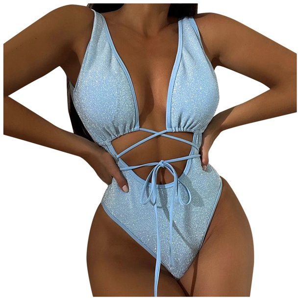 Gibobby Batas de baño mujeres spa Traje de baño sexy de color sólido para mujer Bikini sin espalda ajustado con cordones(Azul,CH)