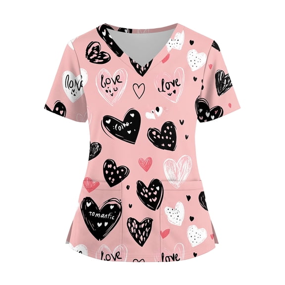 Valentines Day Scrubs Tops Women Plus Size V-Neck Medical Nursing Uniforms with Pockets 2025 Light pink 3XL