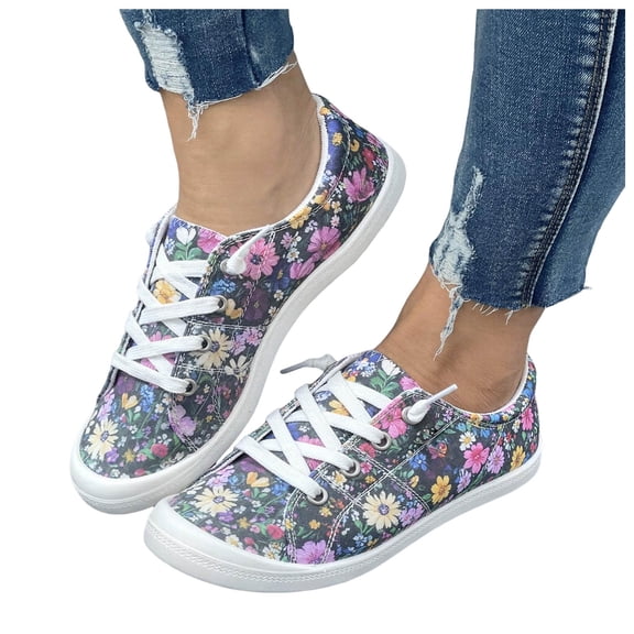Rokment Womens Floral Low Profile Fashion Sneakers Casual Canvas Flower Lace up Lightweight Comfort Non Slip Walking Flats Tennis Skate Shoes for Outdoor Travel