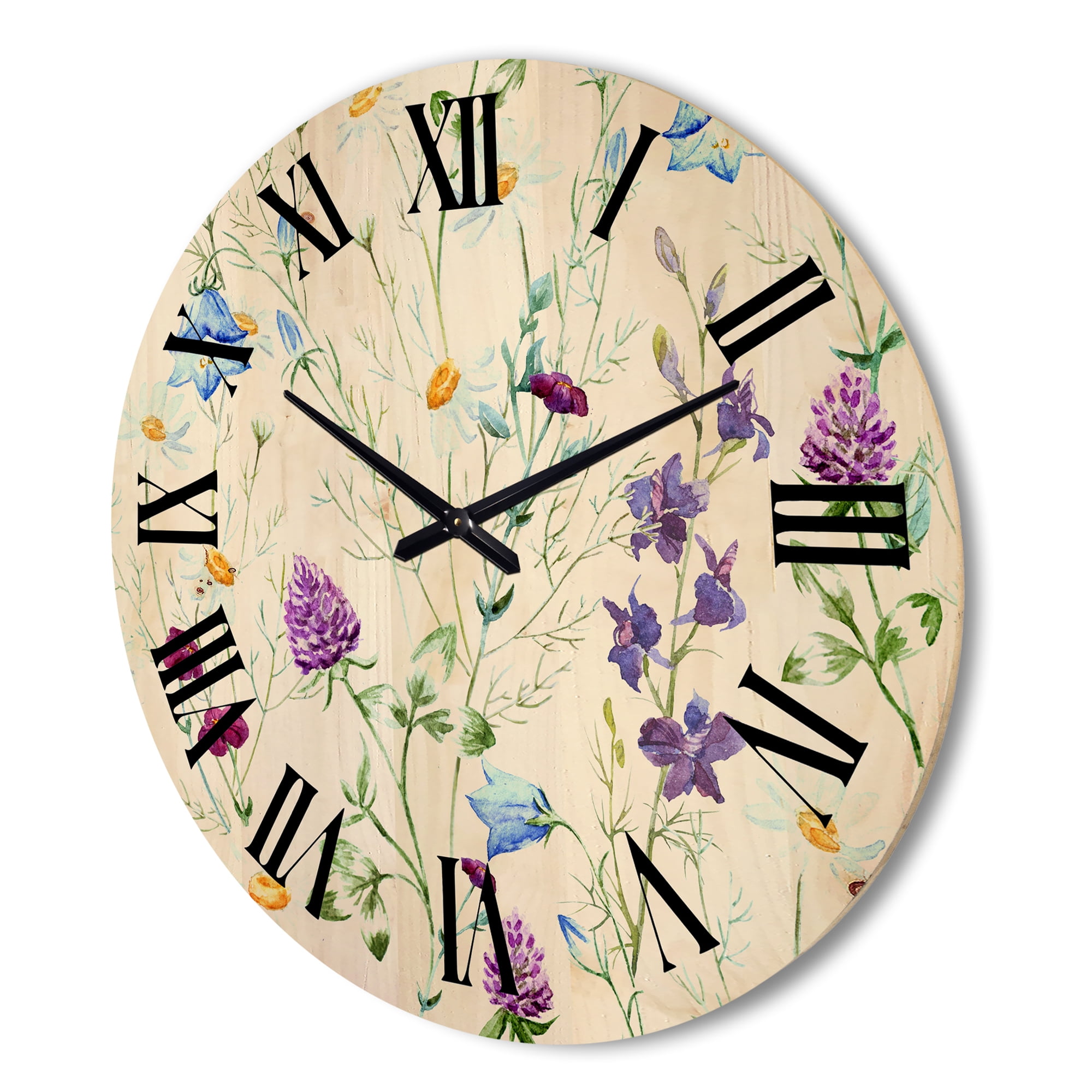 Designart 'Wildflowers Clover Bell and Chamomile I' Traditional Wood Wall Clock