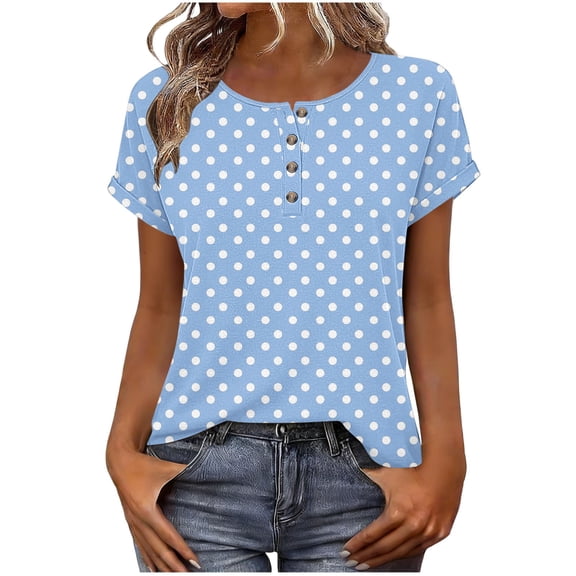 Staron Women's Spring Summer Casual Printed Button-Up Shirt Round Neck Short Sleeve Loose Top Tunic Blouse, Light Blue XXL