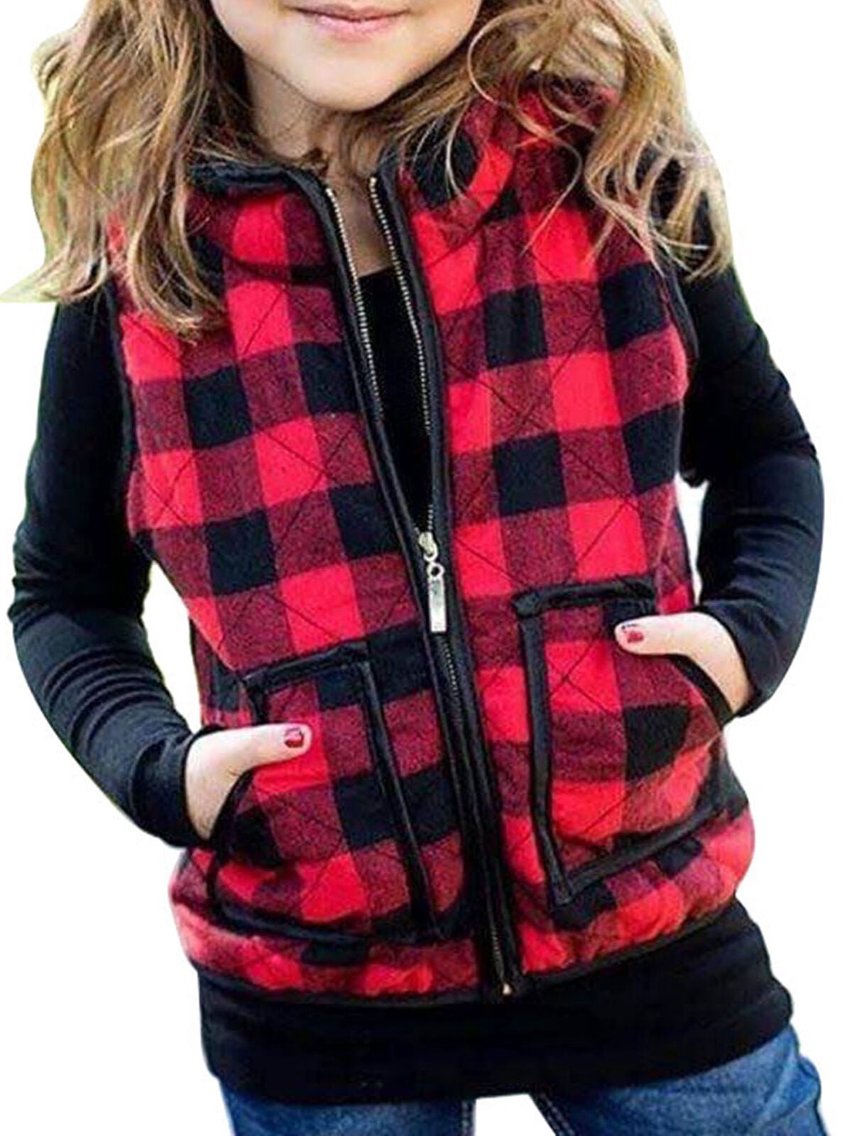 Blcak Plaid Vests, 4-5T Toddler Baby Girls Winter Warm Vest Clothes Buffalo Plaid Jacket Kids Puffer Quilted Gilet Coat