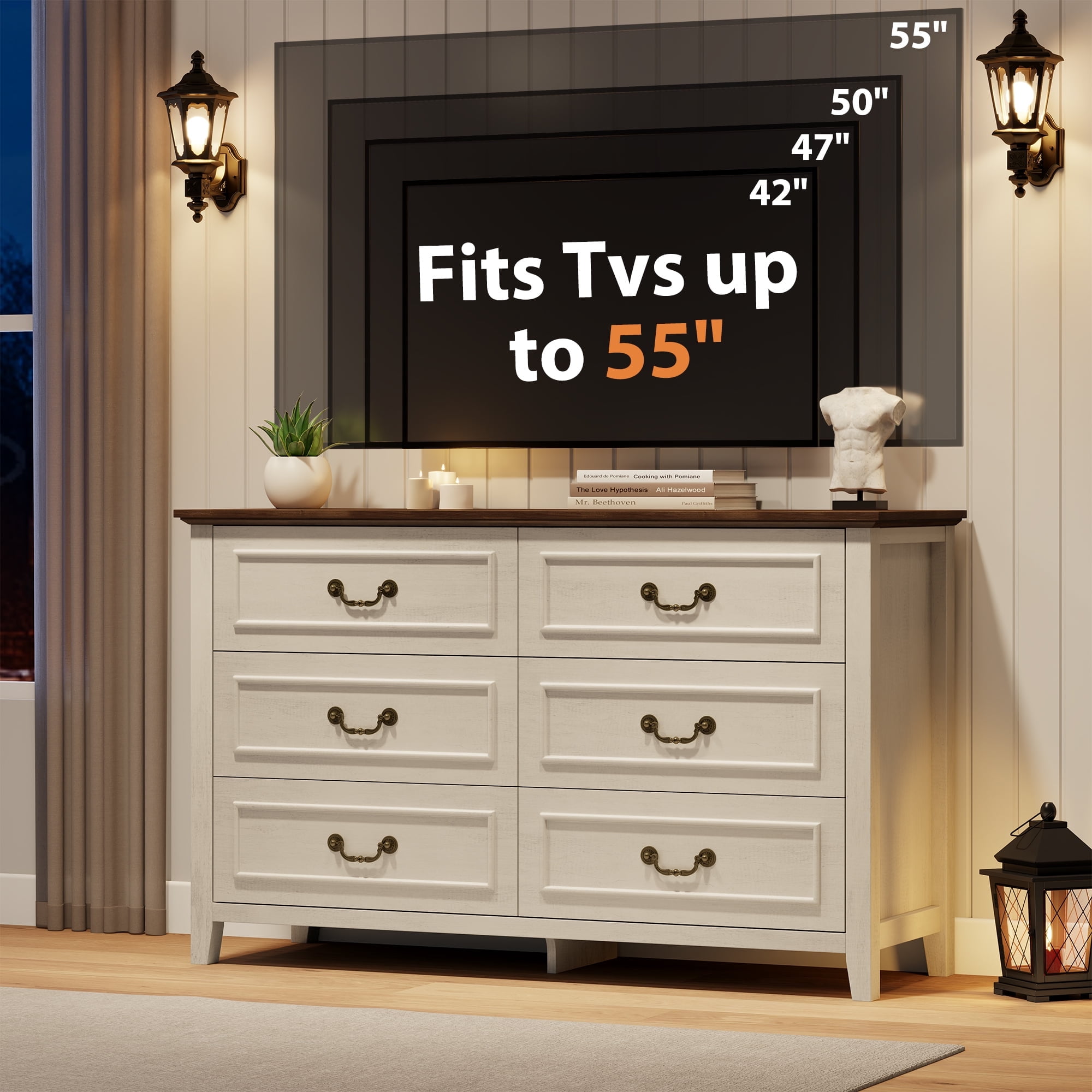 GIKPAL White Farmhouse Dresser, 6 Drawers, Oak Finish, Antique