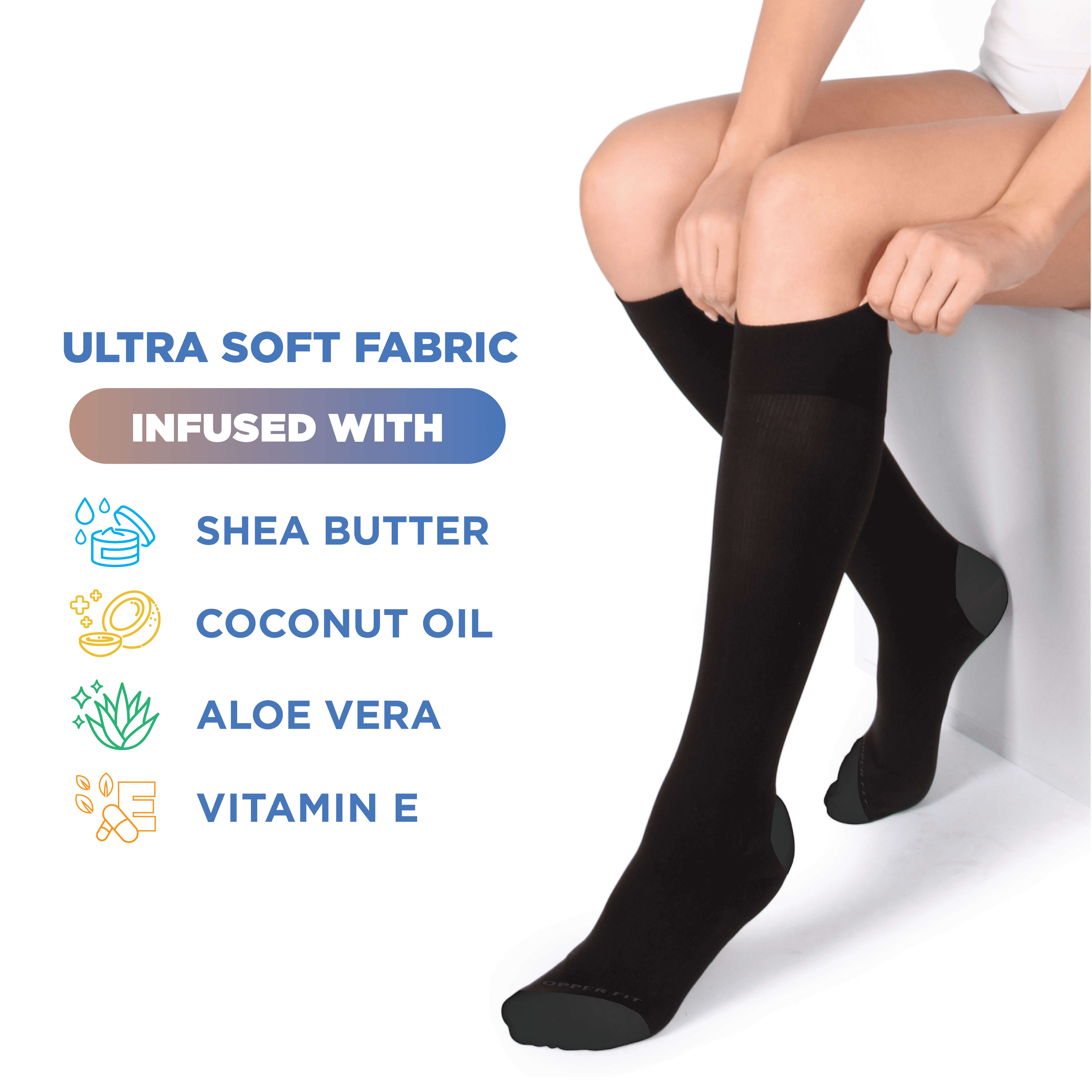 Copper Fit ENERGY Compression Socks, Silky-Soft, Hydration, Unisex, Black, S/M