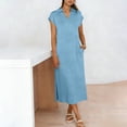 thumbnail image 3 of Tauxra Casual Summer Short Sleeve V-Neck Button Down Turndown Collar Dress for Women with Side Split Solid Color, 3 of 7