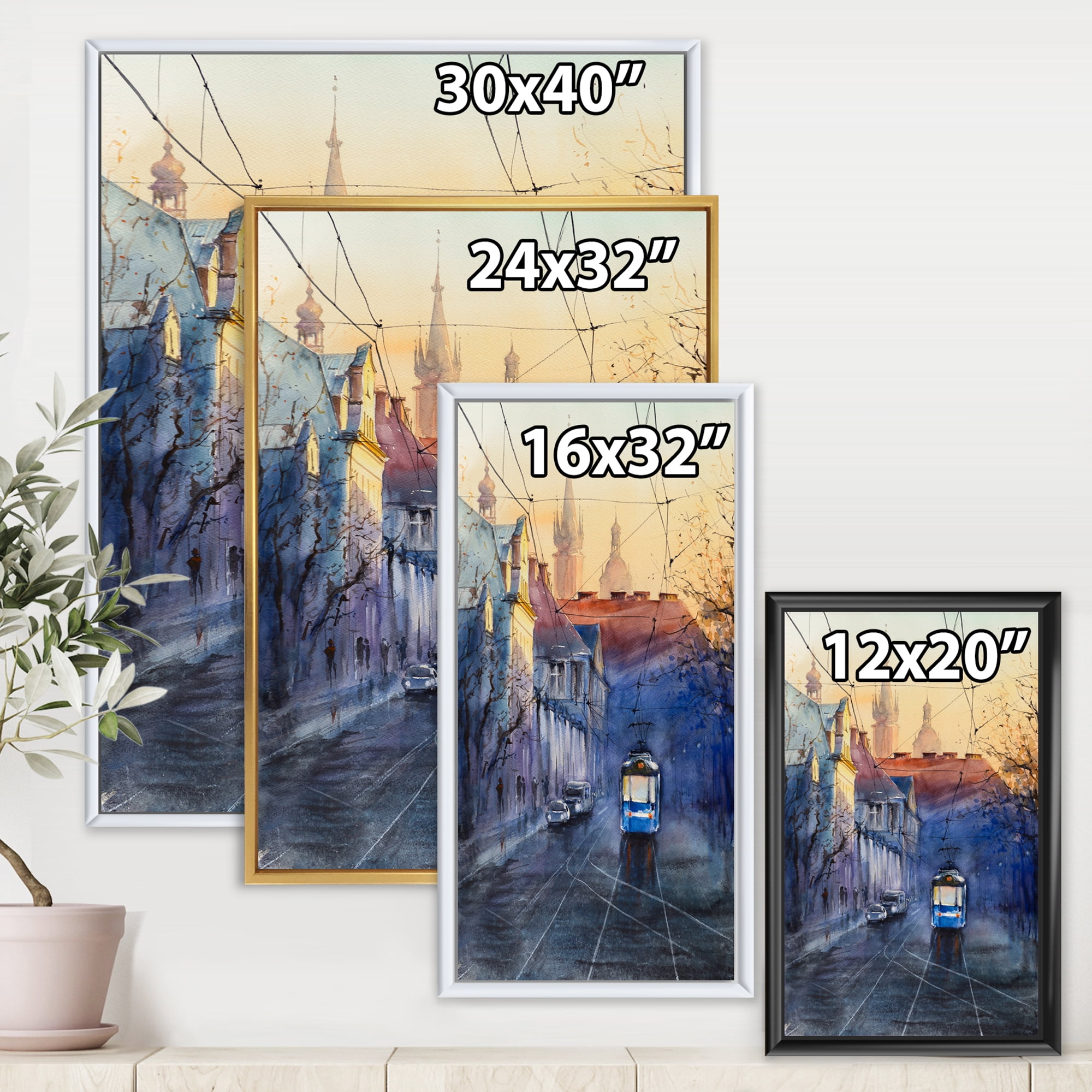 Designart 'Blue Tram At Sunset With Church During Sunset Cityscape' Nautical & Coastal Framed Canvas Wall Art Print