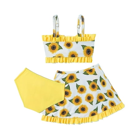 Rhuody Toddler Swimsuit Girl 3-4 Years Bathing Suits 3 Piece Swimsuit Summer Bikini Tankini Sets With Cover Up Skirt 3 12 Years Retro Girl Clothes Yellow