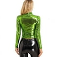thumbnail image 4 of Women's Metallic Liquid Mock Neck Turtleneck Crop Top Long Sleeve/Sleeveless Tank Top T Shirt Army Green L, 4 of 4