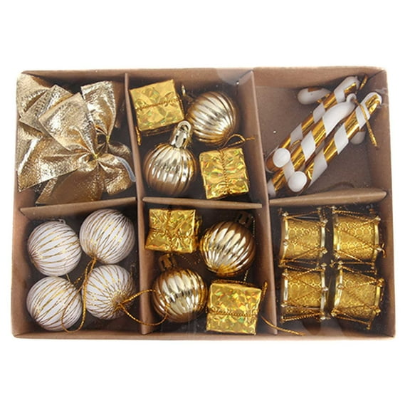 Gold 24 Pcs Christmas Tree Ornaments Set, Gold Brown Paper Gift Box Decorations With Hanging Baubles And Festive Designs For Home, Party, And Holiday Decor, 10.2X7.8X2.3In 0.88Lb