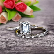 2.25 Carat Classic 7x5mm Emerald Cut 10k White Gold, Art Deco Milgrain Bridal Aquamarine Wedding Diamond Ring Set