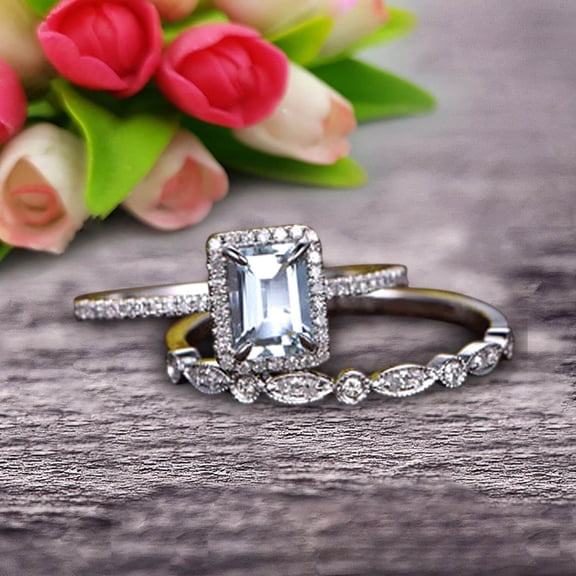 2.25 Carat Classic 7x5mm Emerald Cut 10k White Gold, Art Deco Milgrain Bridal Aquamarine Wedding Diamond Ring Set