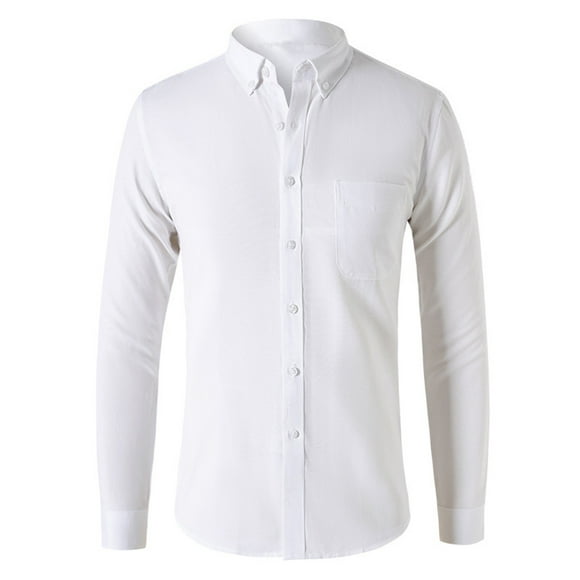 Fengqque Mens Solid Oxford Shirt Long Sleeve Dress Shirt Work Casual Button Down Shirts with Pocket White 16(XXXXL)