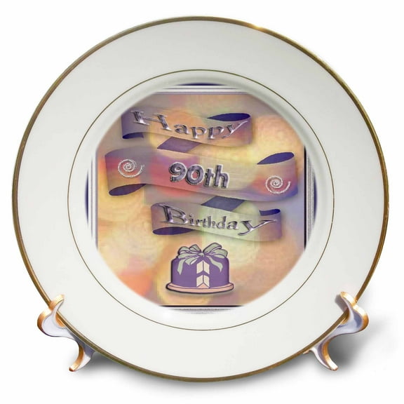 3dRose, Ribbon and Cake Happy 90th Birthday, 8 inch Porcelain Plate