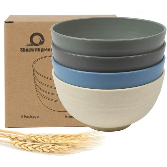 Shopwithgreen Wheat Plastic Cereal Bowls, Resuable Bowls for Kitchen, Set of 4, Microwave and Dishwasher Safe, for Soup, Oatmeal, Ramen, RV, Camping, Kids, College Dorm Room, 24 OZ, Coastal Color