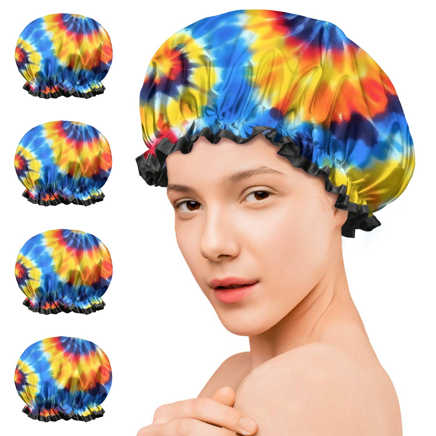 Shower Caps,Colorful Tie Dye Spiral Pattern Waterproof Shower Cap for Women 4 Pieces,Double Reusable Hair Cover for Shower PEVA Elastic Stretch Hem